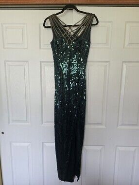 Vintage CACHE Sequin Embellished Green And Gold Evening Gown